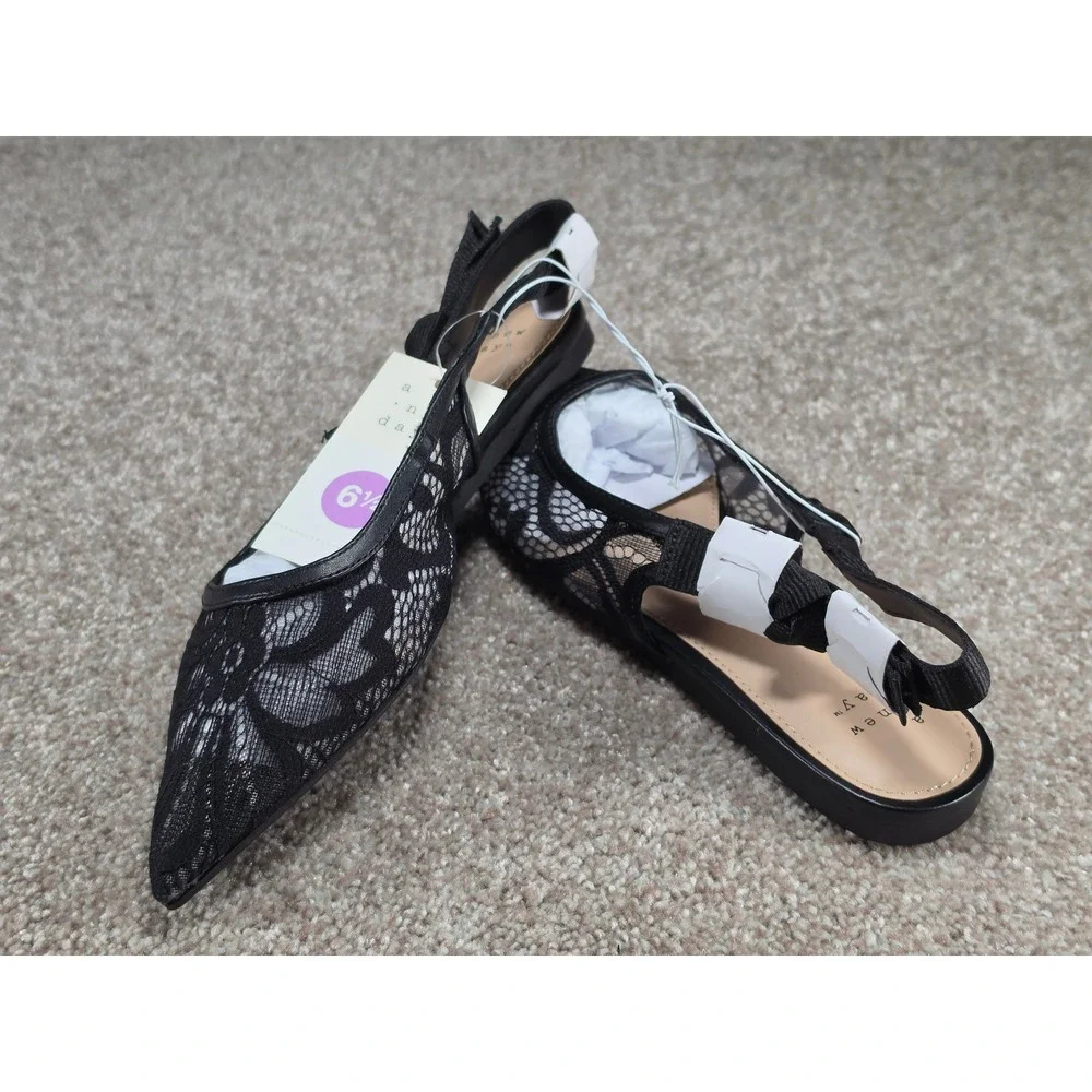 A New Day London Black Floral Lace Slingback Pointed Toe Flats Shoes 6.5